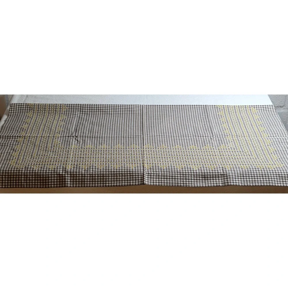 Vintage Brown Gingham Hand Embroidered Yellow Cross Stitch Tablecloth 32x31